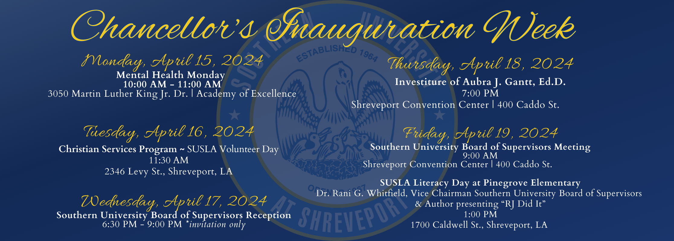 Chancellor's Inauguration Week Banner announcing dates of events